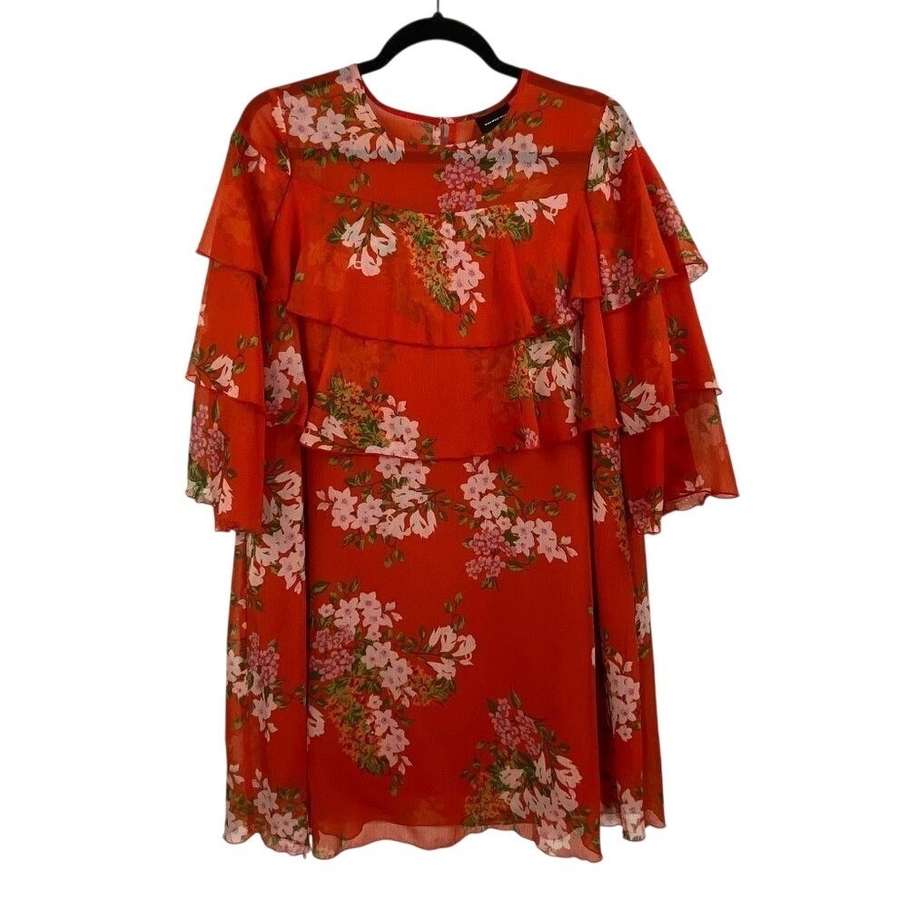 Who What Wear Floral Ruffle Tiered Mini Dress Red Pink XS Chiffon Shift